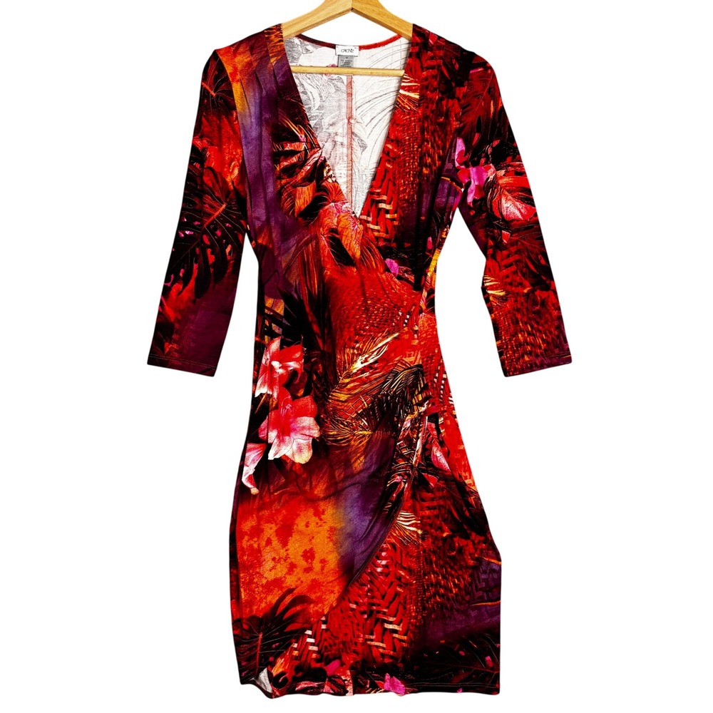 Cache Womens Wrap Dress Red Tropical Floral Print‎ 3/4 Sleeve Midi Size M Y2K